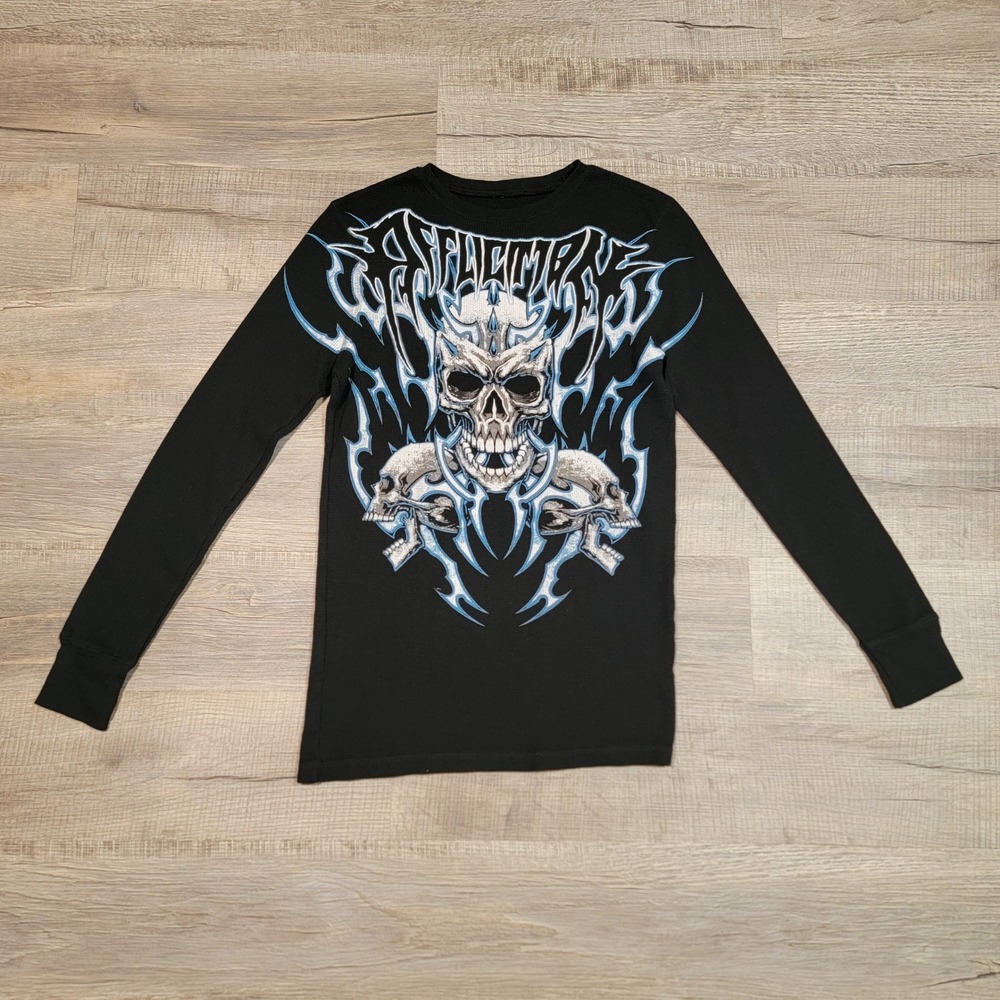 Affliction Mens Small Black Skull Graphic Thermal Long Sleeve Shirt Live Fast